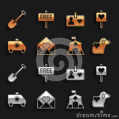 Set Envelope with Valentine heart, Location, Heart dog, Emergency medical tent, car, Volunteer id card or badge, Shovel Stock Photo