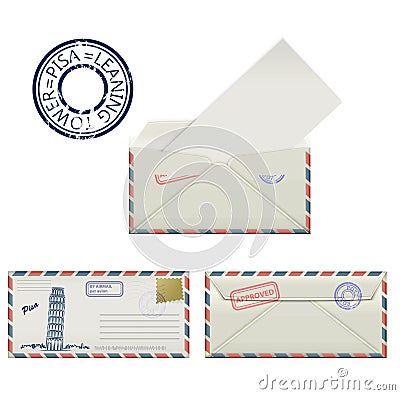 Set of envelopes from Pisa with a painted the Leaning tower and postmark. Stylization. Vector Illustration