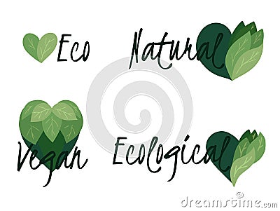 Set of environmental badges with flat hearts made of leaves. Vegan, nature and ecology. Vector object Vector Illustration