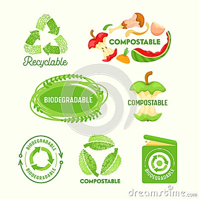 Set of Environmental Labels, Recyclable Triangle Sign, Compostable Waste, Biodegradable Garbage Litter Bin. Logo Icons Vector Illustration