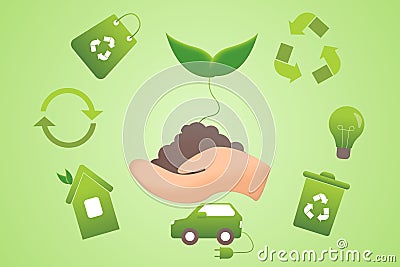 Set of environmentally friendly icons. recycling layout. Hand with plant and environment symbols on green background. Eco vector Vector Illustration