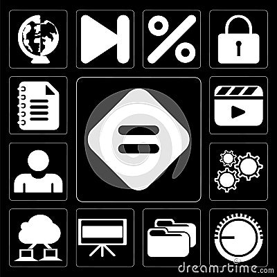 Set of Equal, Volume control, Folder, Television, Cloud computing, Settings, User, Video player, Notepad, editable icon pack Stock Photo