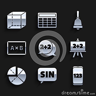 Set Equation solution, Mathematics function sine, Mobile calculator interface, Chalkboard, Graph, schedule, chart Vector Illustration