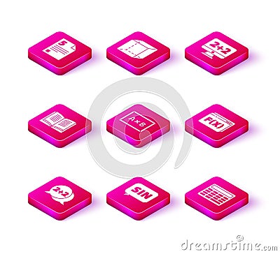 Set Equation solution, Mathematics function sine, Open book, Chalkboard, Calculator, Function mathematical symbol, and Vector Illustration