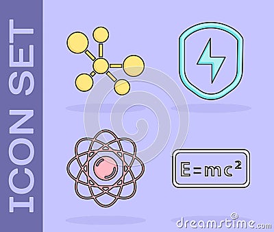 Set Equation solution, Molecule, Atom and Secure shield with lightning icon. Vector Vector Illustration