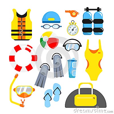 Set of equipment beach lifeguards cartoon style. Vector illustration of bag, swimsuit, life buoy, life jacket, whistle, air tanks Vector Illustration