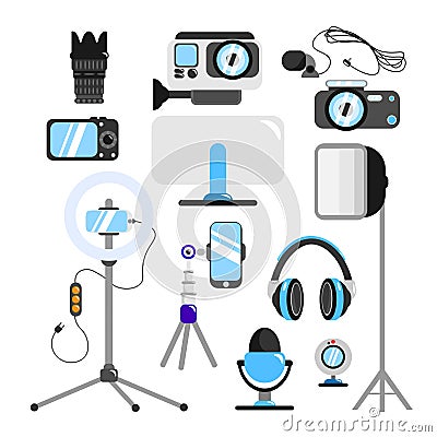 Set of equipment for a videographer in cartoon style. Vector illustration cameras, camera, lenses, microphone, monitor, lamps, Vector Illustration