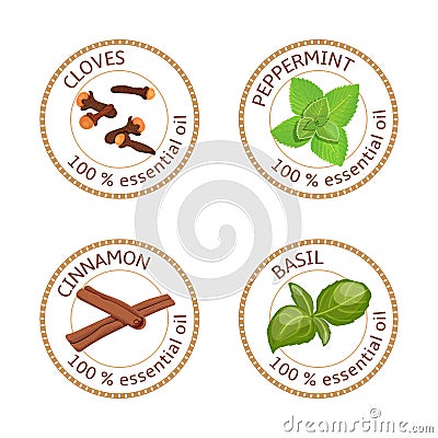 Set of essential oils labels. Cloves, peppermint, cinnamon, basil Cartoon Illustration