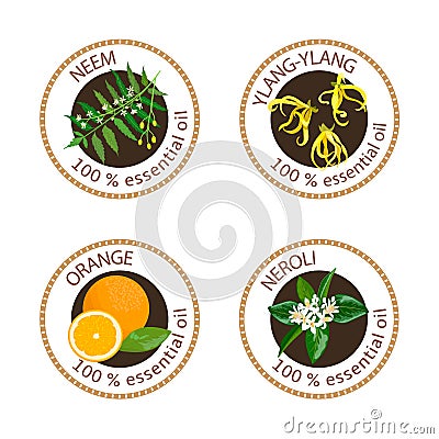 Set of essential oils labels. Ylang-ylang, neem, neroli, orange Cartoon Illustration