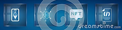 Set Ethereum ETH, NFT blockchain technology, Digital crypto art and Binary code. Square glass panels. Vector Vector Illustration