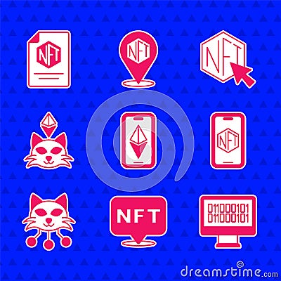 Set Ethereum ETH, NFT Digital crypto art, Binary code, Mobile with store app, and contract icon. Vector Vector Illustration