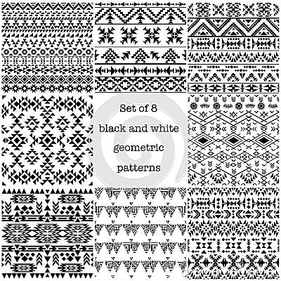 Set of 8 ethnic black and white geometric patterns Vector Illustration