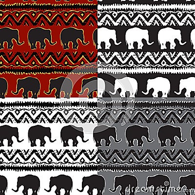 Set of Ethnic Seamless Pattern with elephants Stock Photo