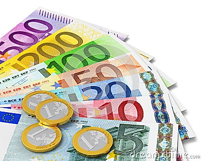 Set of Euro banknotes and coins Stock Photo