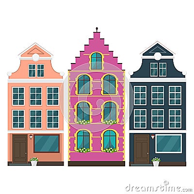 Set of european colorful old houses Cartoon Illustration