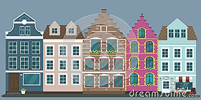 Set of european colorful old houses Cartoon Illustration