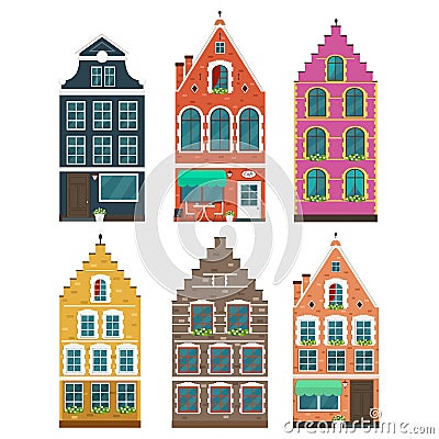 Set of european colorful old houses Cartoon Illustration