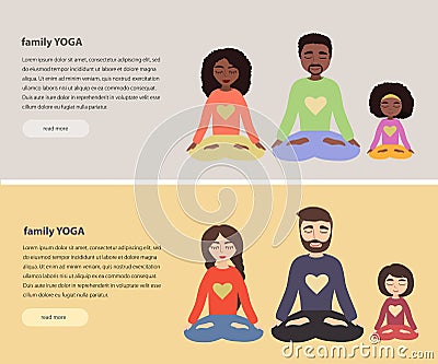 Set of european family and African american family Yoga vector illustration. Young bearded man, woman and their daughter Cartoon Illustration