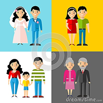 Set of european wedding couple, pregnant parents, grandparent, young family Vector Illustration