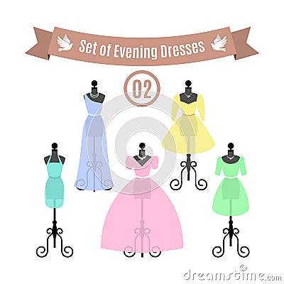 Set of Evening Dresses. Vintage dresses on mannequins. Vector. Vector Illustration