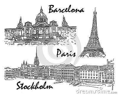 Set event in Paris, Barcelona and Stockholm sketch Vector Illustration