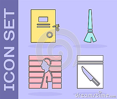 Set Evidence bag and knife, Lawsuit paper, Suspect criminal and Paint brush icon. Vector Vector Illustration