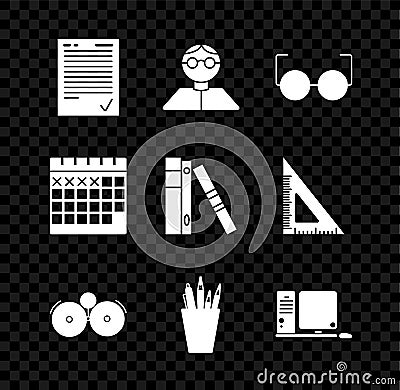 Set Exam sheet with check mark, Student, Glasses, Ringing alarm bell, Pencil case stationery, Computer monitor keyboard Vector Illustration