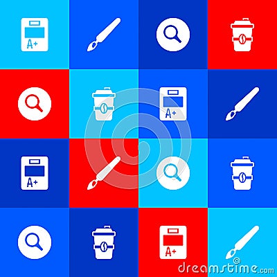 Set Exam sheet with A plus grade, Paint brush, Magnifying glass and Coffee cup to go icon. Vector Stock Photo