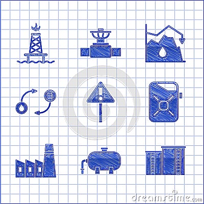 Set Exclamation mark in triangle, Oil industrial factory building, Canister for motor oil, exchange, Drop crude price Vector Illustration