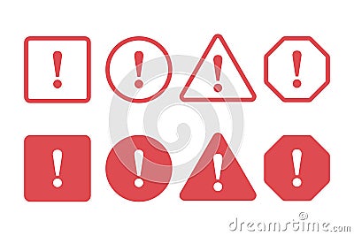 Set of exclamation sign, danger sign in different shapes Vector Illustration