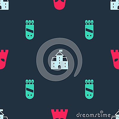 Set Executioner mask, Castle, fortress and Quiver with arrows on seamless pattern. Vector Vector Illustration