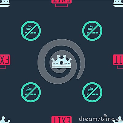 Set Exit sign, King crown and No Smoking on seamless pattern. Vector Vector Illustration