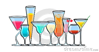 Set of exotic alcoholic cocktails isolated on white background. Vector Illustration