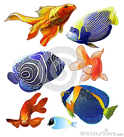 Set of Exotic Colorful Fish. Cartoon Illustration