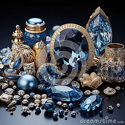 A set of expensive antique beautiful jewelry made of blue crystal in a gold frame Stock Photo