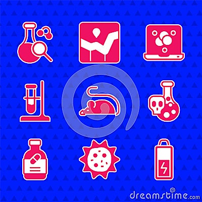 Set Experimental mouse, Virus, Battery, Test tube with toxic liquid, Medicine bottle and pills, flask on stand, Chemical Vector Illustration