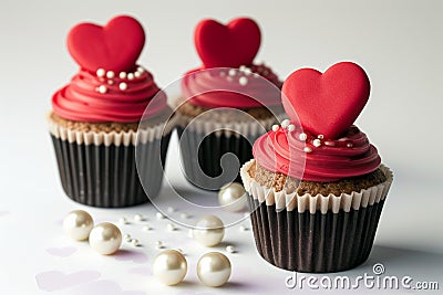 A set of exquisite Valentine's Day themed cupcakes, each adorned with a red fondant heart. Stock Photo