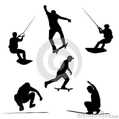 set of extreme sports silhouettes (wakeboard, skateboard, slackline), vector silhouettes isolated on white background Vector Illustration