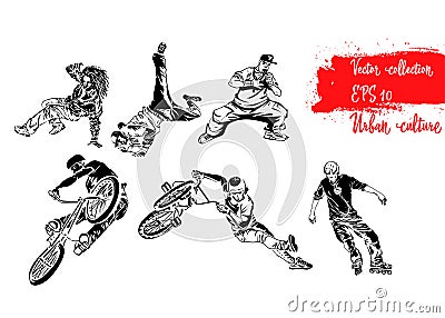 Set of extreme sportsmen. Rollers, bicyclists and breakdancers . Extreme theme modern print. Vector design elements. Isolated on w Stock Photo