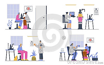 Set of eye examinations in ophthalmologist office, flat vector illustration isolated on white background. Vector Illustration
