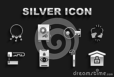 Set Eye scan, Broken or cracked lock, House under protection, Crowbar, Marked key, Key, Bunch of keys and Safe icon Vector Illustration