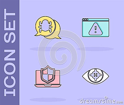 Set Eye scan, System bug, Laptop protected with shield and Browser exclamation mark icon. Vector Vector Illustration