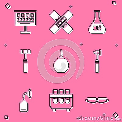 Set Eye test chart, Crossed bandage plaster, Test tube flask, Neurology reflex hammer, Enema, Medical otoscope tool Vector Illustration