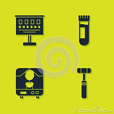 Set Eye test chart, Neurology reflex hammer, X-ray machine and Test tube with blood icon. Vector Vector Illustration