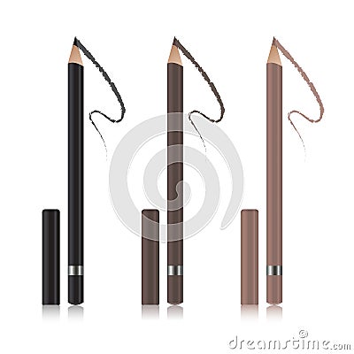 Set of eyeliner, eyebrow pencil mockup. Package design premium cosmetic ads template. Realistic 3D illustration Vector Illustration