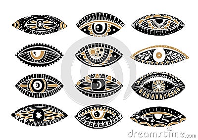 Set eyes mystic hand draw.Occult mystic emblem.Evil Seeing eye symbol naive set Cartoon Illustration