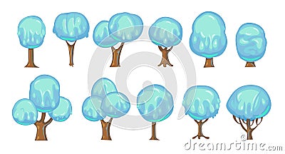 Set of fabulous sweet trees. For landscapes with blue caramel, ice cream or jelly. Perspiration. Childrens fun Vector Illustration