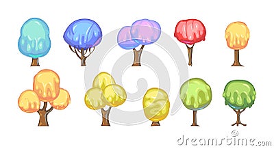 Set of fabulous sweet trees. For landscapes with multi-colored caramel, ice cream or jelly. Perspiration. Childrens fun Vector Illustration