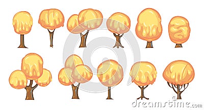 Set of fabulous sweet trees. For landscapes with orange caramel, ice cream or jelly. Perspiration. Childrens fun Vector Illustration