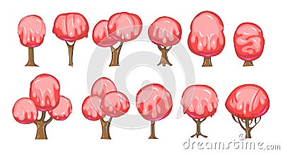 Set of fabulous sweet trees. For landscapes with pink caramel, ice cream or jelly. Perspiration. Childrens fun Vector Illustration